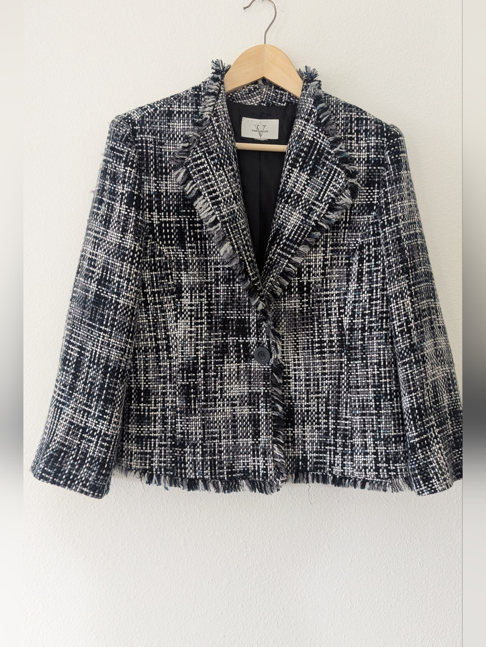 Frayed Edge Tweed Blazer Jacket - Black & White